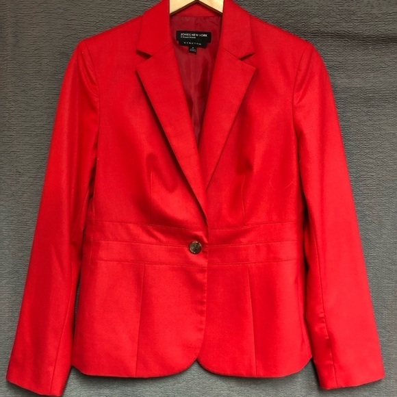 Jones, New York, stretch, size 6 jacket, red, one button and waist band - Picture 1 of 5